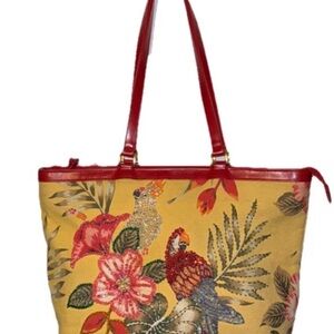 Beaded Sequin Parrot Bird Canvas Tote Bag by Christy Red Handles tote bag